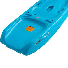 Blue youth kayak bow deck with scupper holes and 'Dash' branding.