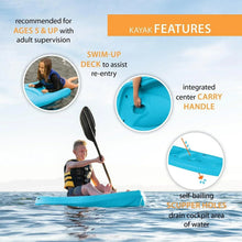 Blue youth sit-on-top kayak with integrated center carry handle and self-bailing holes.
