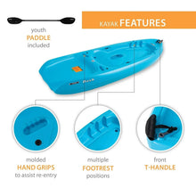 Blue youth sit-on-top kayak with youth paddle, molded hand grips and footrest positions.