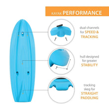 Blue youth sit-on-top kayak showing seating area and hull tracking grooves, top view.