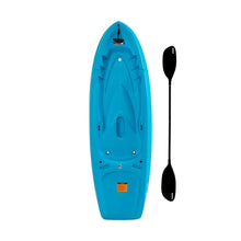 Blue youth sit-on-top kayak with paddle, front view.