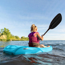 Youth sit-on-top kayak with paddle, blue hull and open cockpit