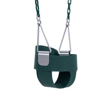 Green plastic toddler bucket swing with chain and metal seat straps