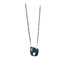 Green toddler bucket swing hanging on chains, side view