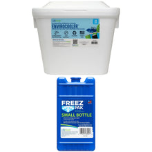 White foam cooler with blue FreezPak small ice pack