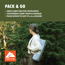 Gray high-back camp chair with carry bag on person for outdoor transport