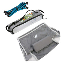 Gray camp chair with carrying bag, folded frame legs, and packed fabric seat
