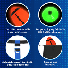 LED flag football set collage: orange LED football, green marker discs, blue belts, storage bag