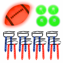 LED flag football set: orange football, blue belts, red LED flags, green end markers