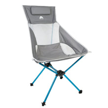 Gray high-back camp chair with blue frame and padded headrest on mesh backrest