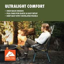 Gray high-back camp chair with blue frame, mesh backrest, and cushioned seat