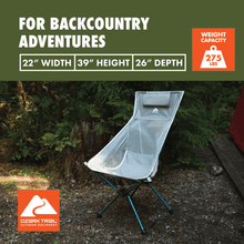 Gray high-back camp chair with blue legs and padded headrest on ground