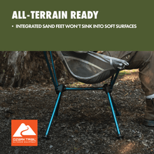 Gray high-back camp chair with blue aluminum legs and mesh seat and back