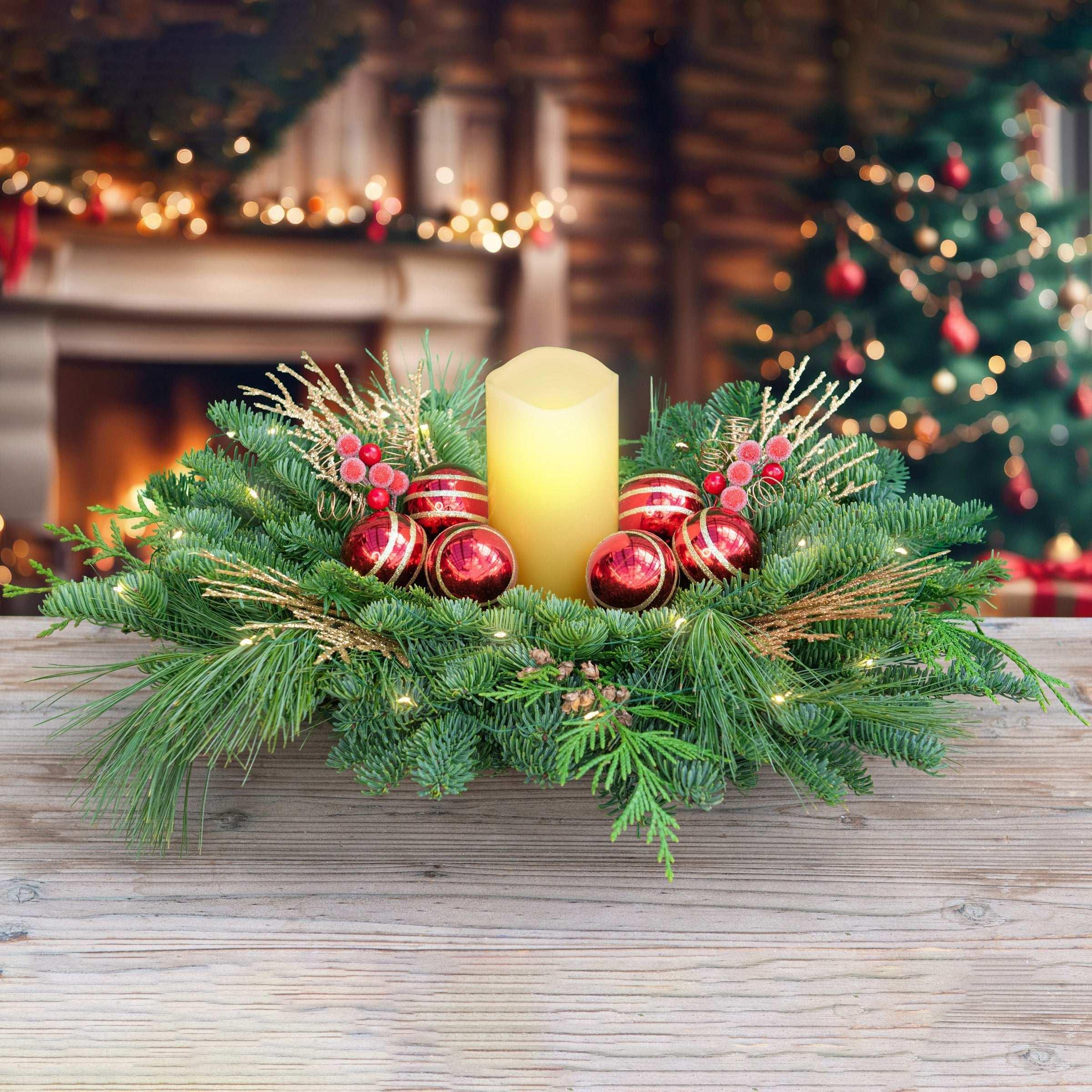 Lighted Fresh Cut Greens Sugarberry Centerpiece - USA MEGA SHOP