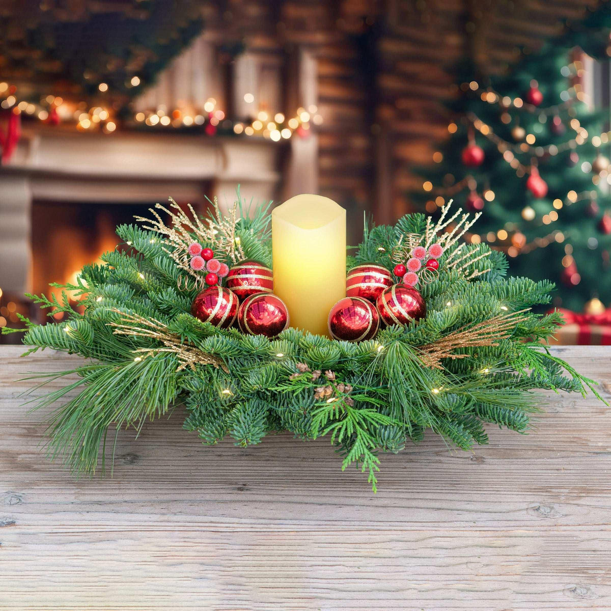 Lighted Fresh Cut Greens Sugarberry Centerpiece - USA MEGA SHOP