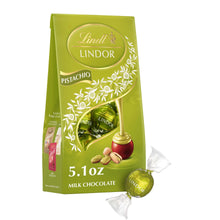 Lindt LINDOR pistachio milk chocolate truffles bag, green package with truffle and nuts