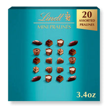 Assorted mini pralines gift box with assorted chocolates on teal front panel