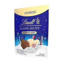 Assorted chocolate snowflake box showing Lindt Classic Recipe Snowflakes assortment