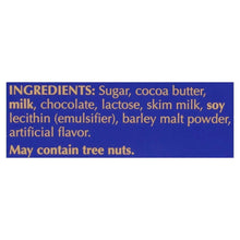 Milk chocolate bar wrapper ingredients panel with allergen statement 'May contain tree nuts'.