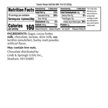 Milk chocolate bar wrapper nutrition facts panel with serving and calorie details.