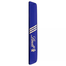 Milk chocolate bar wrapper side view with blue foil and gold logo accents.