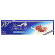 Milk chocolate bar wrapper with Lindt Classic Recipe branding and chocolate pieces graphic.
