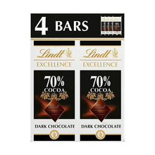 4-pack Lindt Excellence 70% dark chocolate bars in carton sleeve