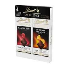 4-bar Lindt Excellence box, Raspberry and Intense Orange dark chocolate