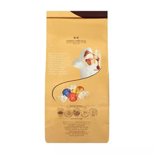 Gold chocolate truffle bag back with brand logo and wrapped candy icons