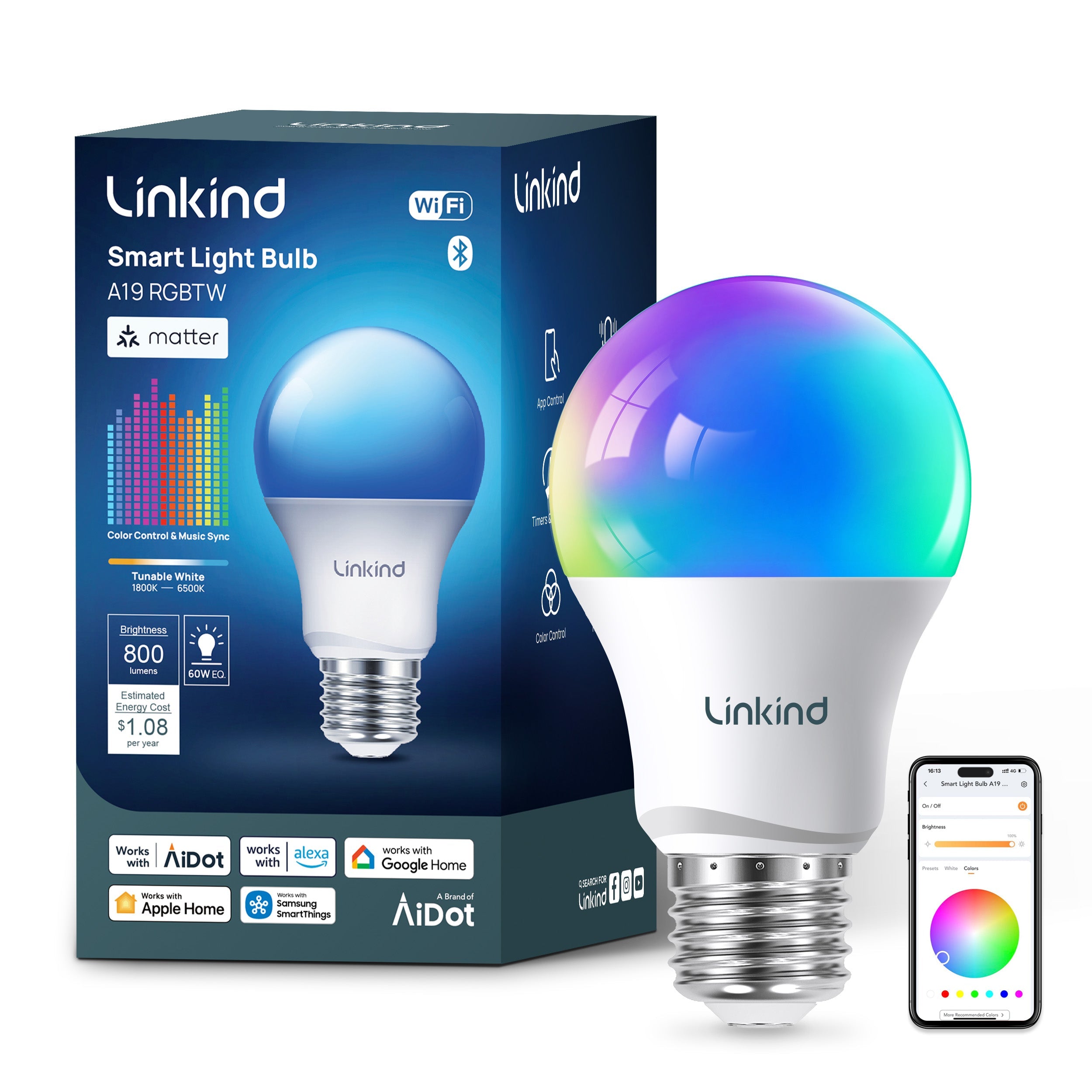 Linkind A19 Matter Smart Light Bulb, Color Changing Smart Bulb, 9W, 800lm, E26 Base (1 pack)