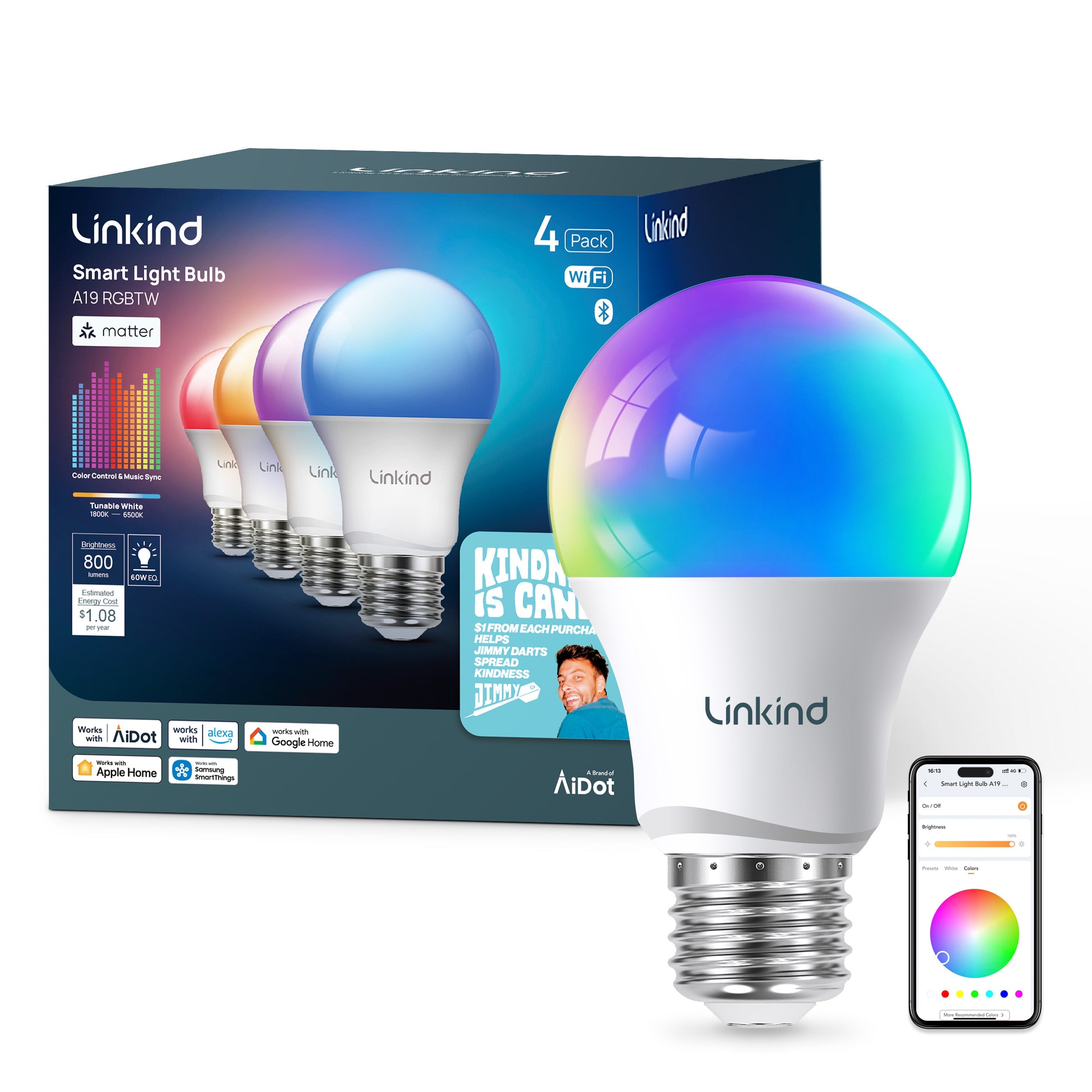 Linkind A19 Matter Smart Light Bulb, Color Changing Smart Bulb, 9W, 800lm, E26 Base (1 pack)