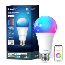 Smart color-changing light bulb with E26 screw base, shown with retail box