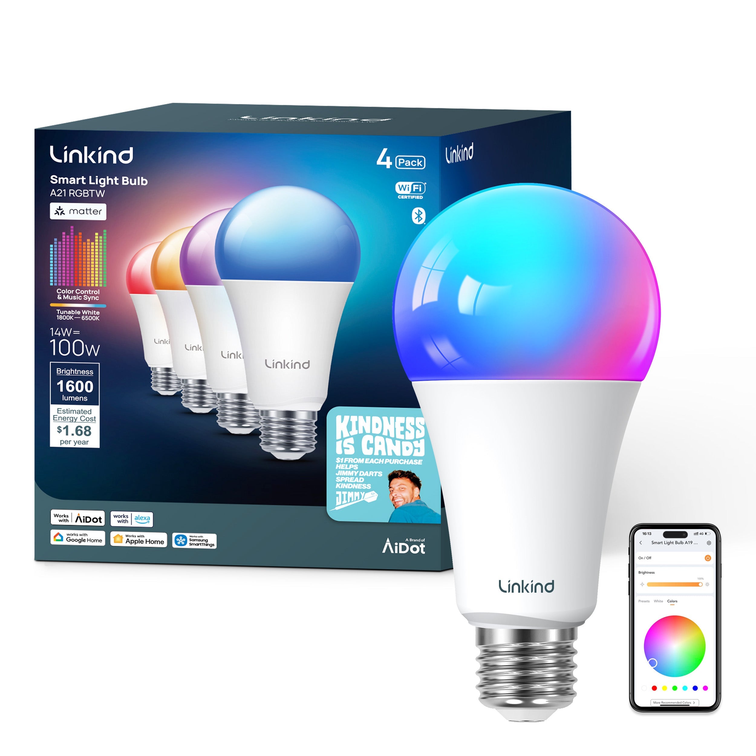 Linkind A21 Matter Smart Light Bulb, Color Changing Smart Bulb, 14W, 1600lm, E26 Base (1 Pack), 2025 Upgraded