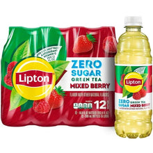 Lipton Zero Sugar Green Tea Mixed Berry iced tea bottle and 12-pack carrier