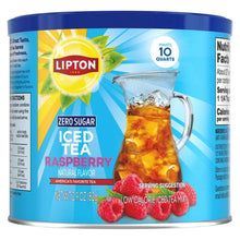 Raspberry iced tea mix can with zero sugar label and pitcher serving suggestion