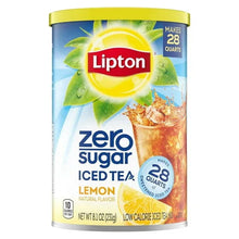 Lipton zero sugar iced tea lemon mix canister, blue/yellow label, makes 28 quarts