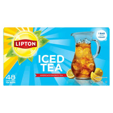 Lipton iced black tea bags box, 48 family size count, with pitcher and lemon graphics