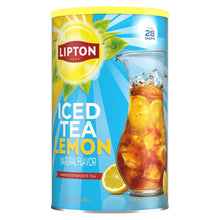 Blue lemon iced tea drink mix can with yellow lid and tea-glass graphic