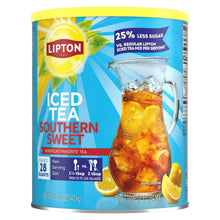Lipton Iced Tea Southern Sweet reduced sugar mix can with iced tea pitcher and lemon