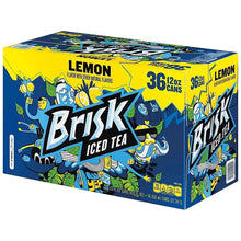 Brisk Iced Tea Lemon multi-pack box, 36 cans, angled view with lemon graphics