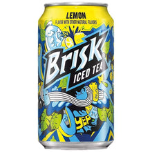 Brisk Iced Tea Lemon can with silver top and blue label with lemon splash art