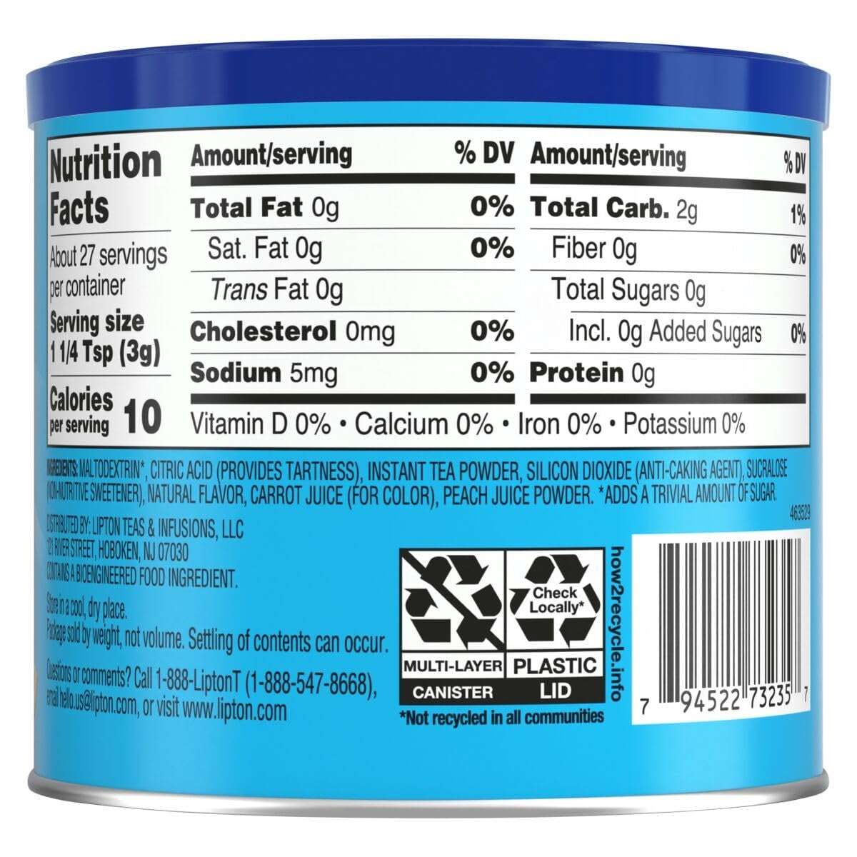 Lipton Zero Sugar Iced Tea Mix, Peach Flavor Black Iced Tea, Makes 10 Quarts
