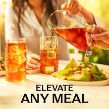 Peach iced tea being poured into glasses, Elevate any meal text