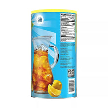 Lipton iced tea lemon mix container showing glass pitcher with ice and lemon