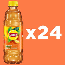 Lipton iced tea peach bottle with x24 count on orange background