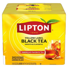 Lipton Yellow Label black tea bags box, front view, tea cup and leaf graphic