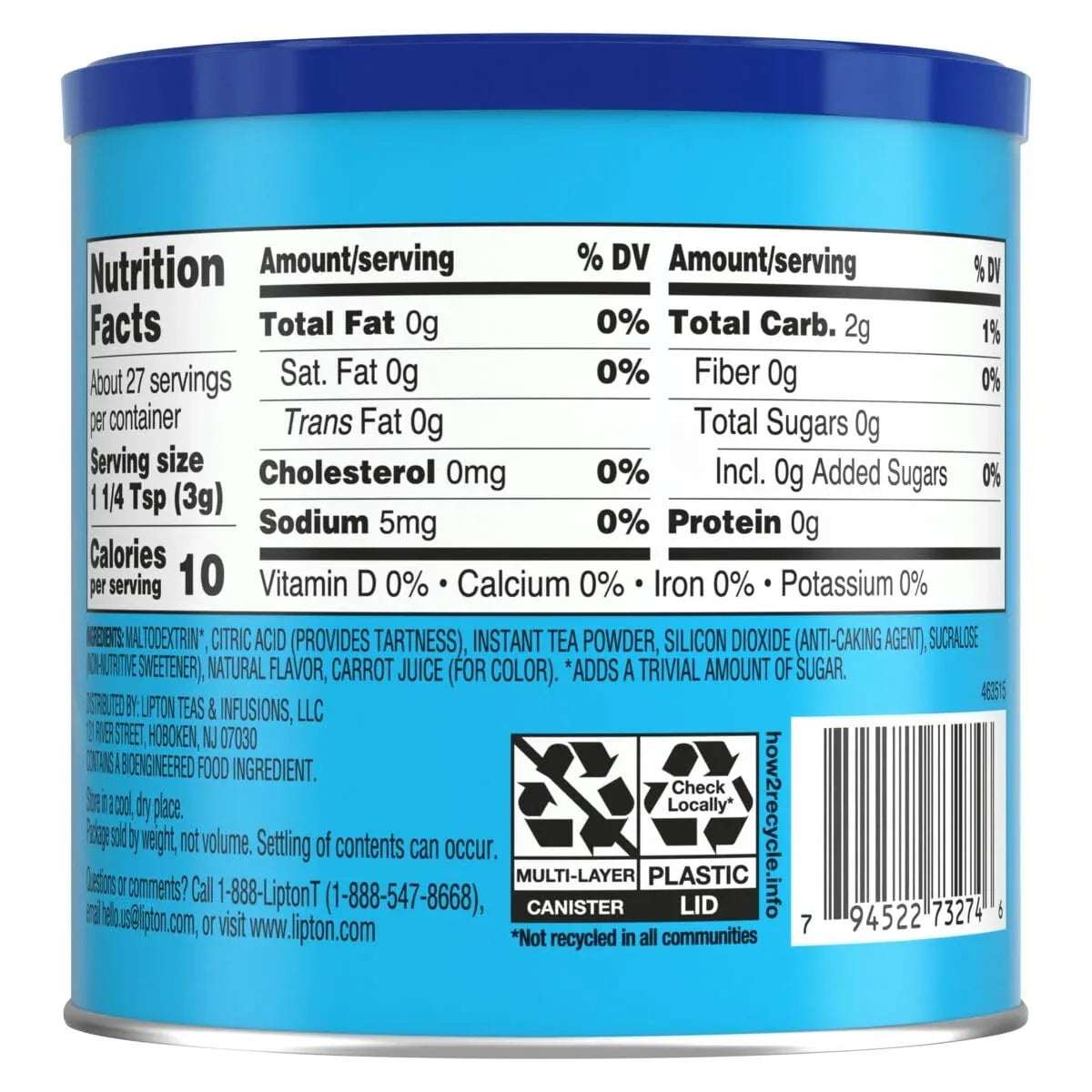 Lipton Zero Sugar Iced Tea Mix, Lemon Flavor Black Iced Tea, Makes 10 Quarts (Pack of 6)