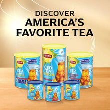 Assorted Lipton iced tea mix canisters with cups and tea graphic styling