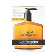 Facial cleanser bottle in retail box, amber liquid with black pump dispenser