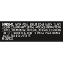 Liquid body wash ingredients list text on white background